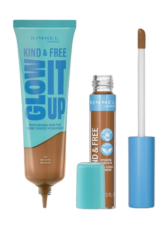 RIMMEL LONDON Kind And Free Glow It Up Moisturising Skin Tint - 501 - Noisette, 30Ml & Kind & Free All-Day Hydrating Liquid Concealer – 050 –Rich Bundle - Image 1